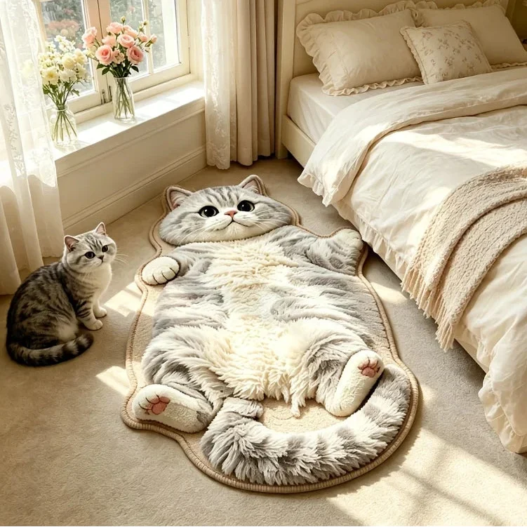 Lazy Cat Shaped Rug, Soft Faux Cashmere-Feel Printed Plush Floor Mat🐱🤎