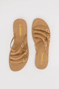 Women's Lace Slip-On Flat Sandals in Tan with Cushioned Sole for All-Day Comfort