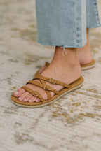 Women's Lace Slip-On Flat Sandals in Tan with Cushioned Sole for All-Day Comfort