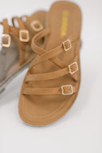 Women's Lace Slip-On Flat Sandals in Tan with Cushioned Sole for All-Day Comfort