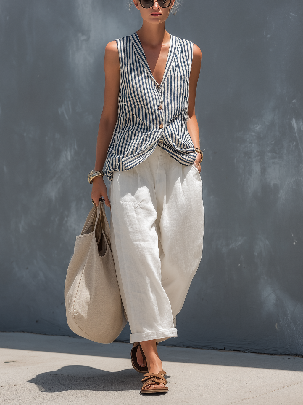 Women's Linen Shift Slim Midi Dress in Stripe for the Office