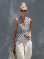 Women's Linen Shift Slim Midi Dress in Stripe for the Office