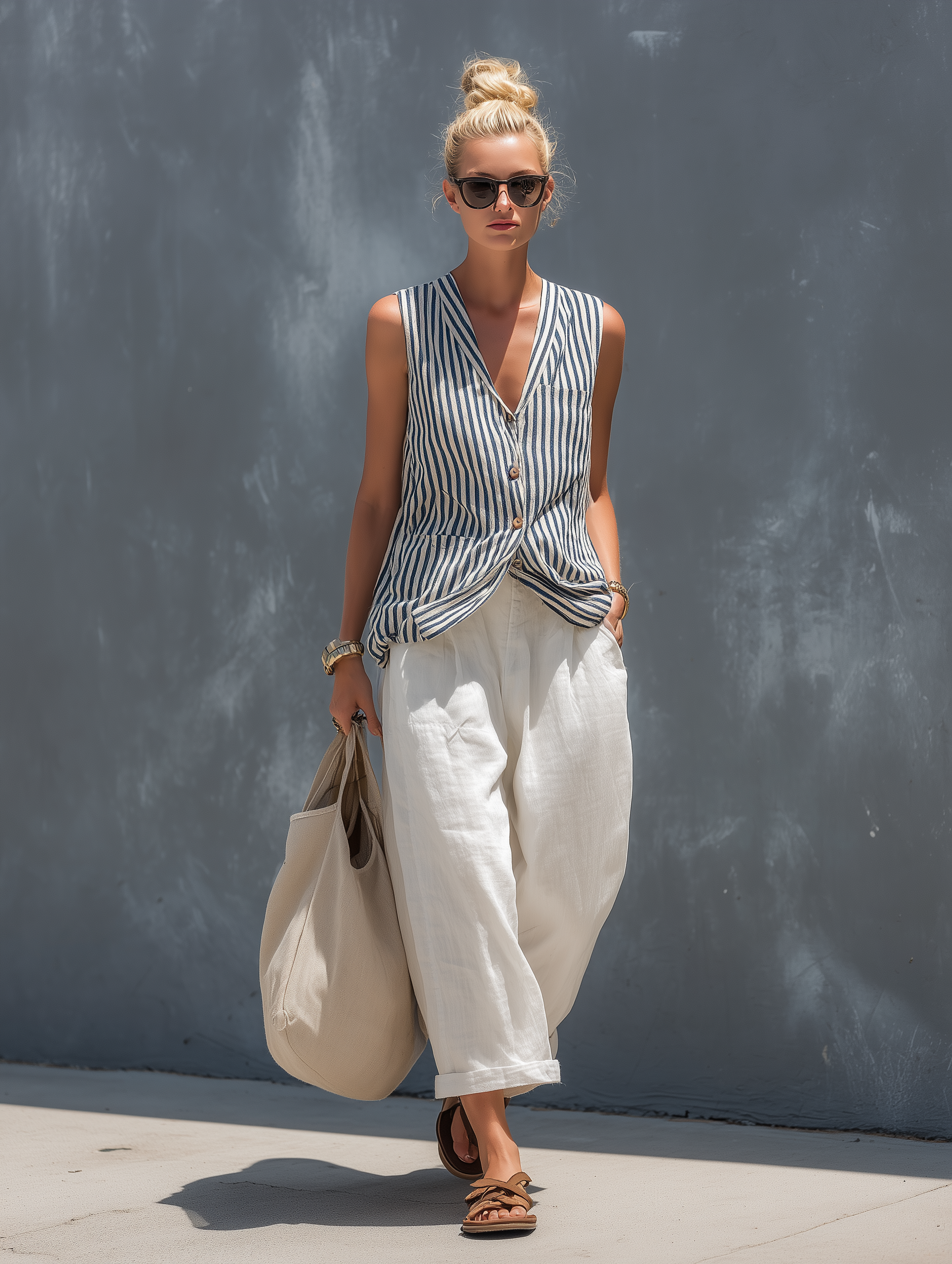 Women's Linen Shift Slim Midi Dress in Stripe for the Office
