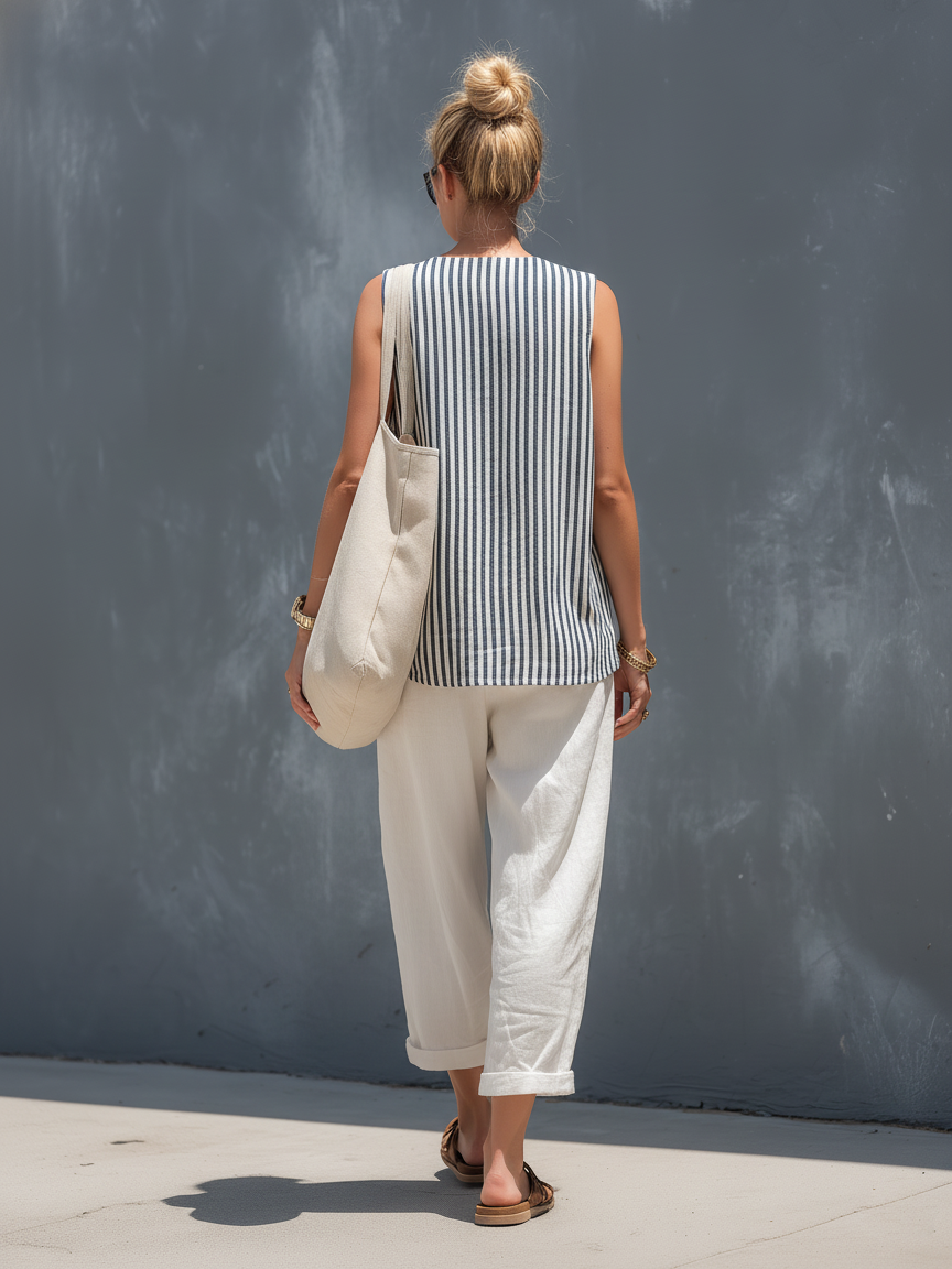 Women's Linen Shift Slim Midi Dress in Stripe for the Office