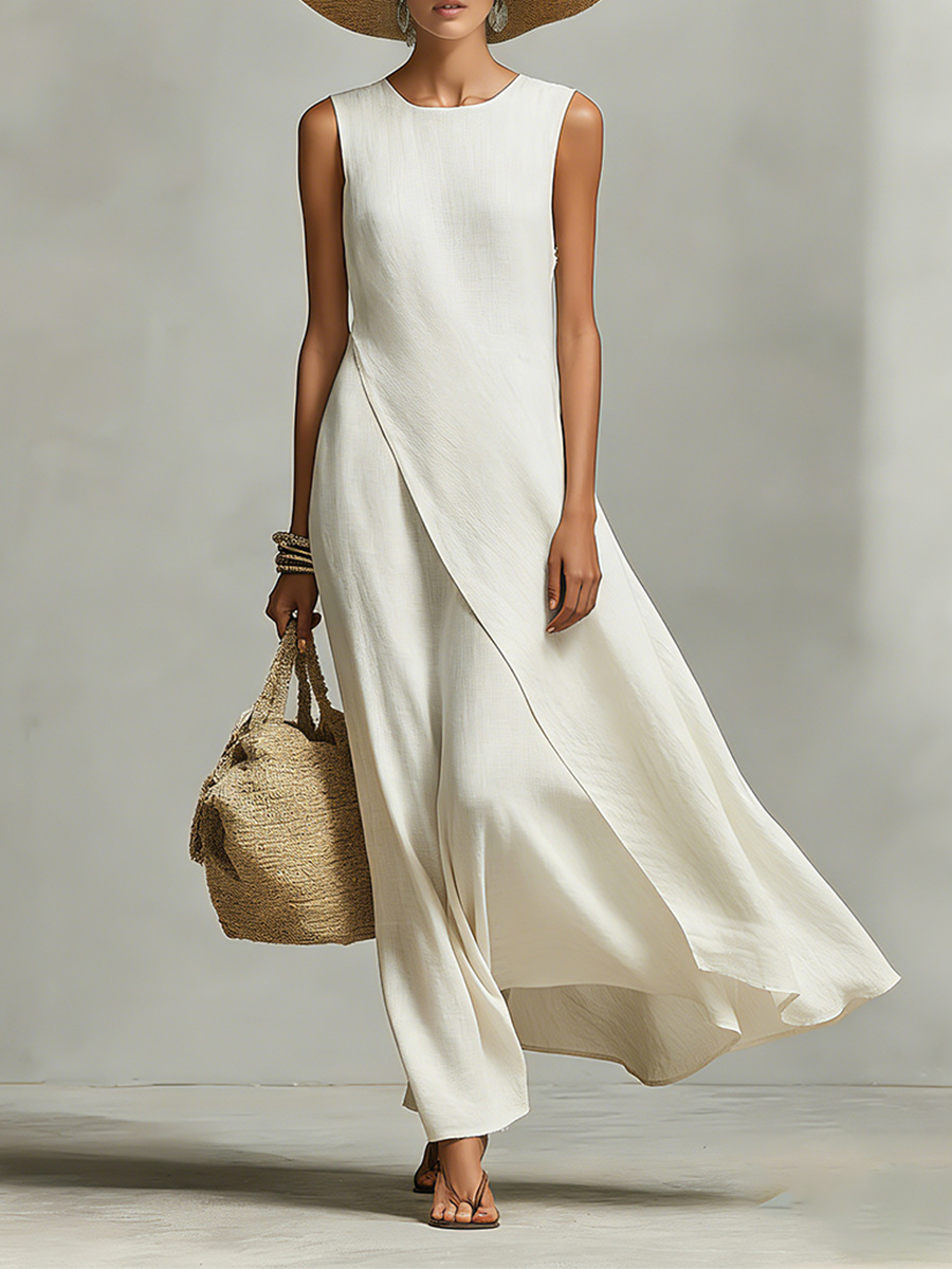 Women's Linen Shift Relaxed Mini Dress with Asymmetric Neckline for Date Night