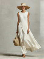 Women's Linen Shift Relaxed Mini Dress with Asymmetric Neckline for Date Night
