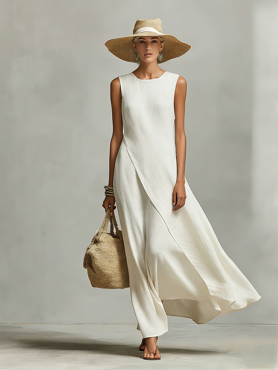 Women's Linen Shift Relaxed Mini Dress with Asymmetric Neckline for Date Night