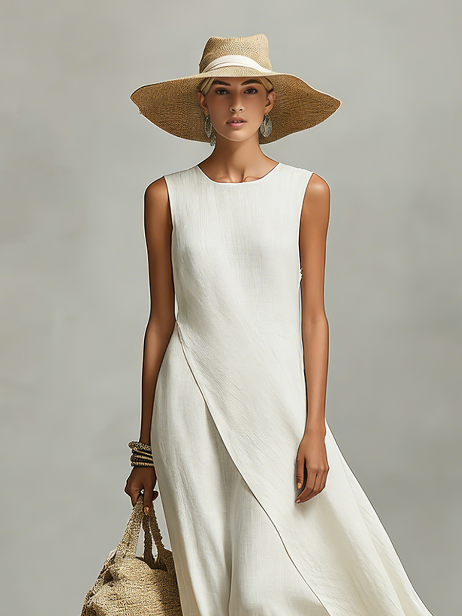 Women's Linen Shift Relaxed Mini Dress with Asymmetric Neckline for Date Night