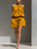 Women's Linen Shift Midi Dress with Halterneck for Date Night