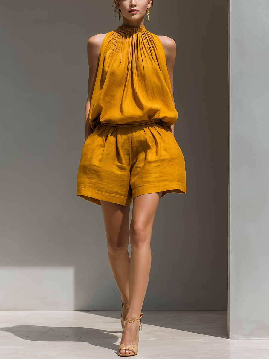 Women's Linen Shift Midi Dress with Halterneck for Date Night