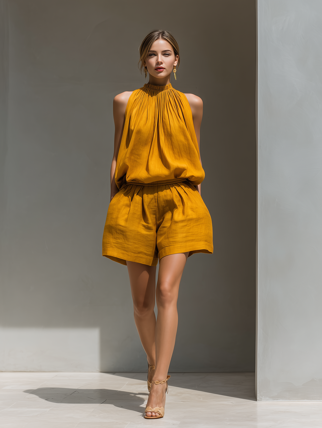 Women's Linen Shift Midi Dress with Halterneck for Date Night