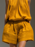 Women's Linen Shift Midi Dress with Halterneck for Date Night