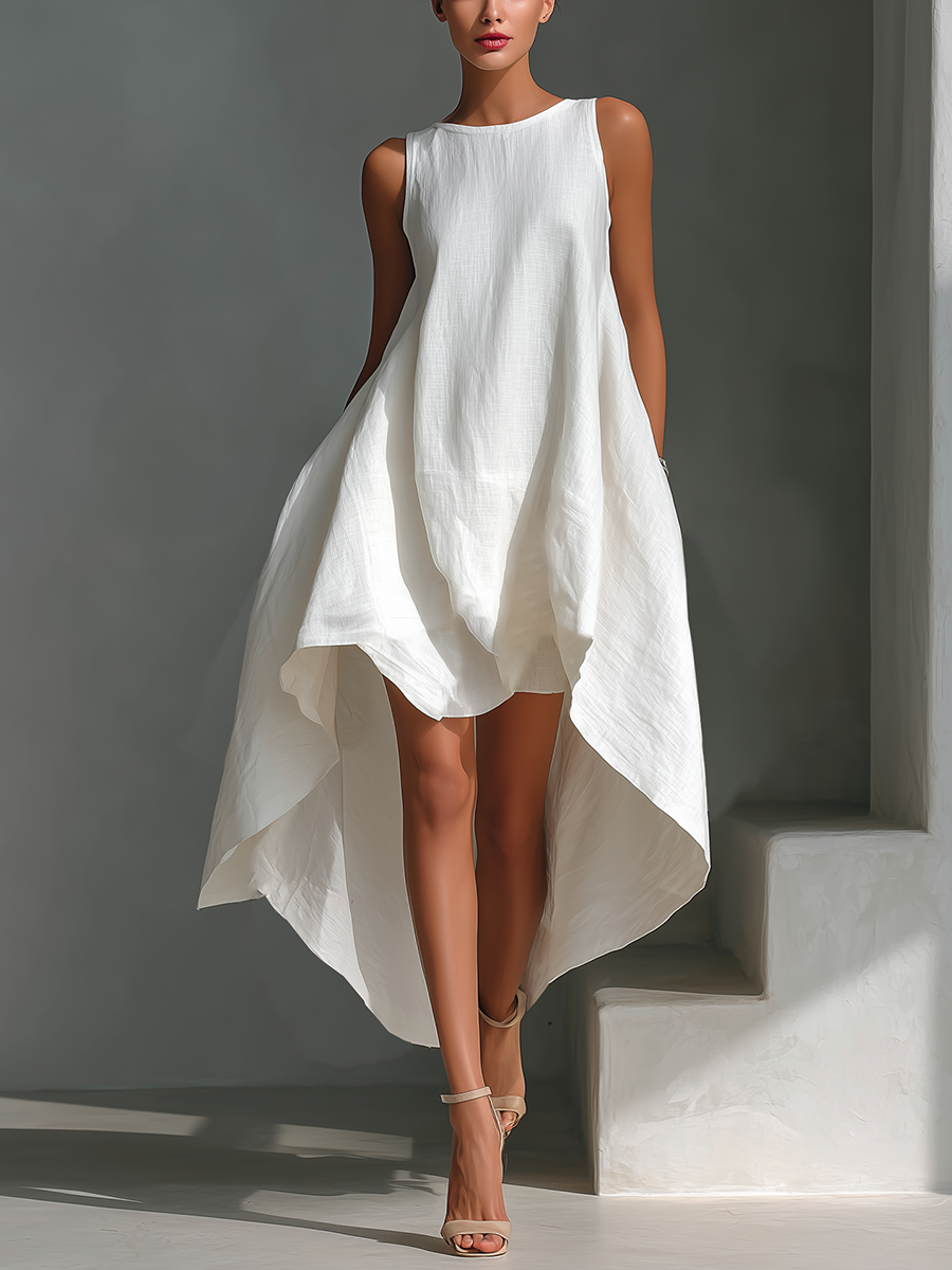 Women's Linen Shift Relaxed Midi Dress with Asymmetric Neckline for Date Night