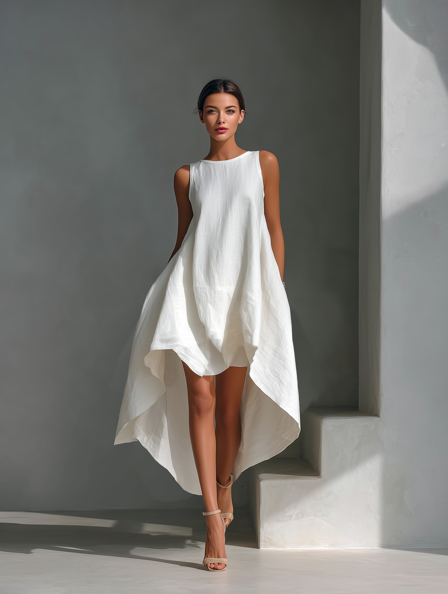 Women's Linen Shift Relaxed Midi Dress with Asymmetric Neckline for Date Night