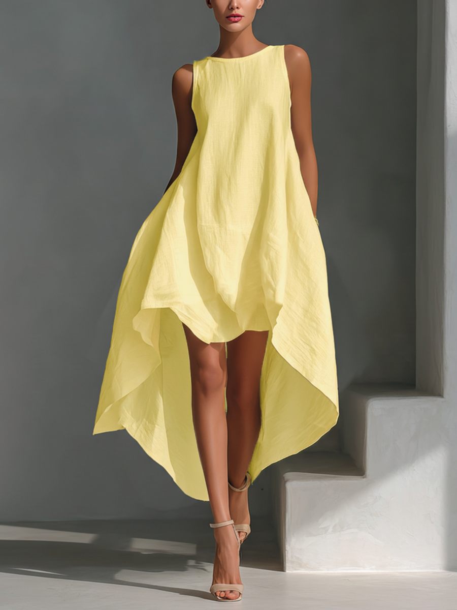 Women's Linen Shift Relaxed Midi Dress with Asymmetric Neckline for Date Night
