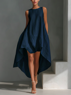 Women's Linen Shift Relaxed Midi Dress with Asymmetric Neckline for Date Night
