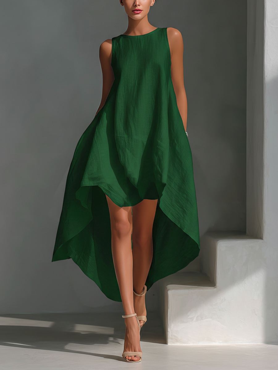 Women's Linen Shift Relaxed Midi Dress with Asymmetric Neckline for Date Night