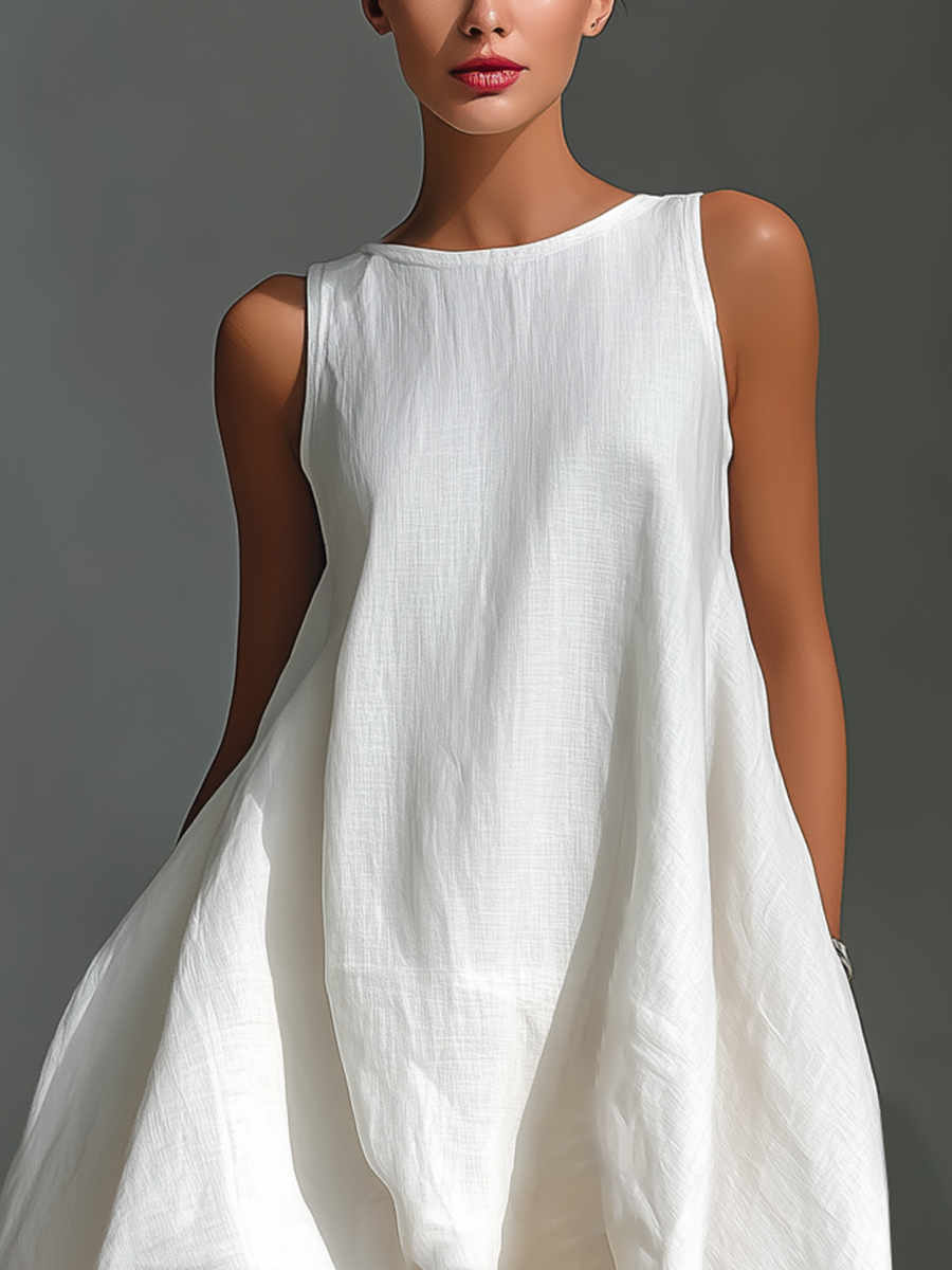 Women's Linen Shift Relaxed Midi Dress with Asymmetric Neckline for Date Night