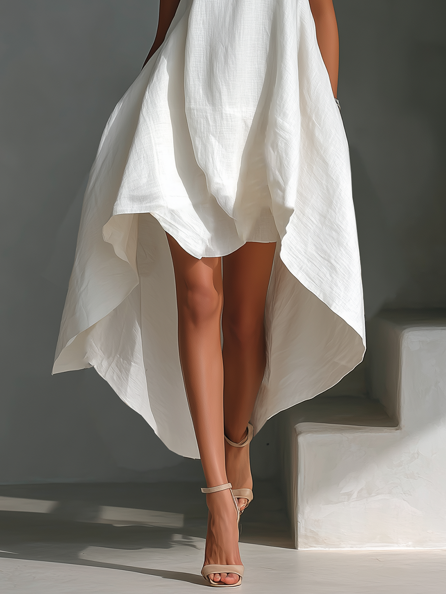 Women's Linen Shift Relaxed Midi Dress with Asymmetric Neckline for Date Night