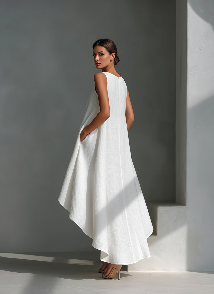 Women's Linen Shift Relaxed Midi Dress with Asymmetric Neckline for Date Night
