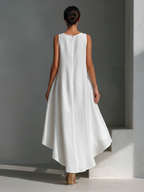 Women's Linen Shift Relaxed Midi Dress with Asymmetric Neckline for Date Night
