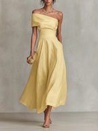 Women's Linen Shift Relaxed Midi Dress with Asymmetric Neckline for Date Night
