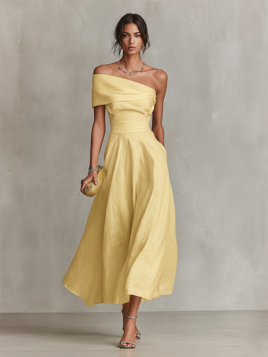 Women's Linen Shift Relaxed Midi Dress with Asymmetric Neckline for Date Night