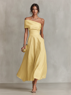 Women's Linen Shift Relaxed Midi Dress with Asymmetric Neckline for Date Night