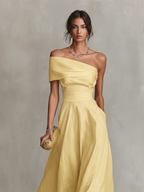 Women's Linen Shift Relaxed Midi Dress with Asymmetric Neckline for Date Night