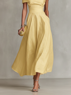 Women's Linen Shift Relaxed Midi Dress with Asymmetric Neckline for Date Night
