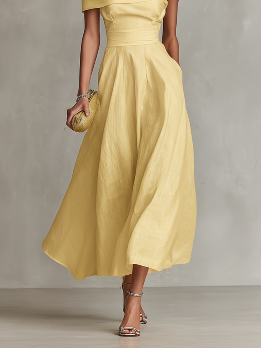Women's Linen Shift Relaxed Midi Dress with Asymmetric Neckline for Date Night