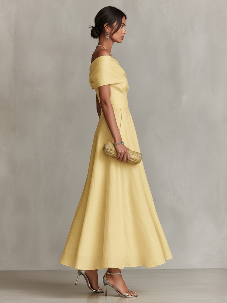 Women's Linen Shift Relaxed Midi Dress with Asymmetric Neckline for Date Night