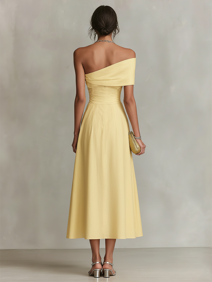 Women's Linen Shift Relaxed Midi Dress with Asymmetric Neckline for Date Night