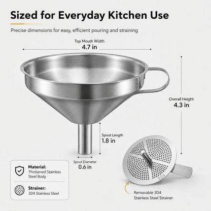Heavy Duty Thickened Stainless Steel Kitchen Funnel with 304 Strainer