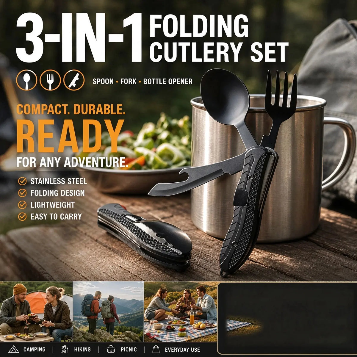 🏕️3-In-1 Outdoor Folding Multifunctional Tableware