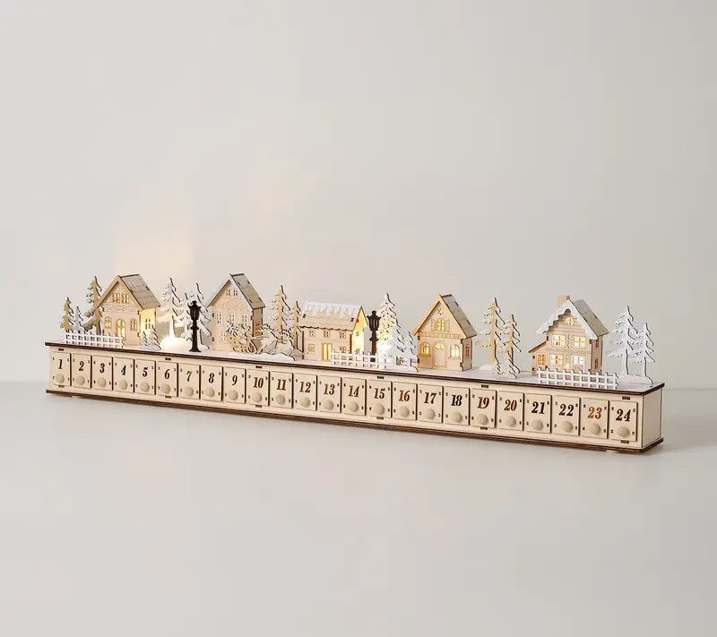 🎄 Wooden Village Advent Calendar with LED Lights — 100% Natural Polished Wood 🏠(32.68 × 7.09 × 3.54 in)
