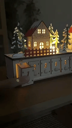 🎄 Wooden Village Advent Calendar with LED Lights — 100% Natural Polished Wood 🏠(32.68 × 7.09 × 3.54 in)