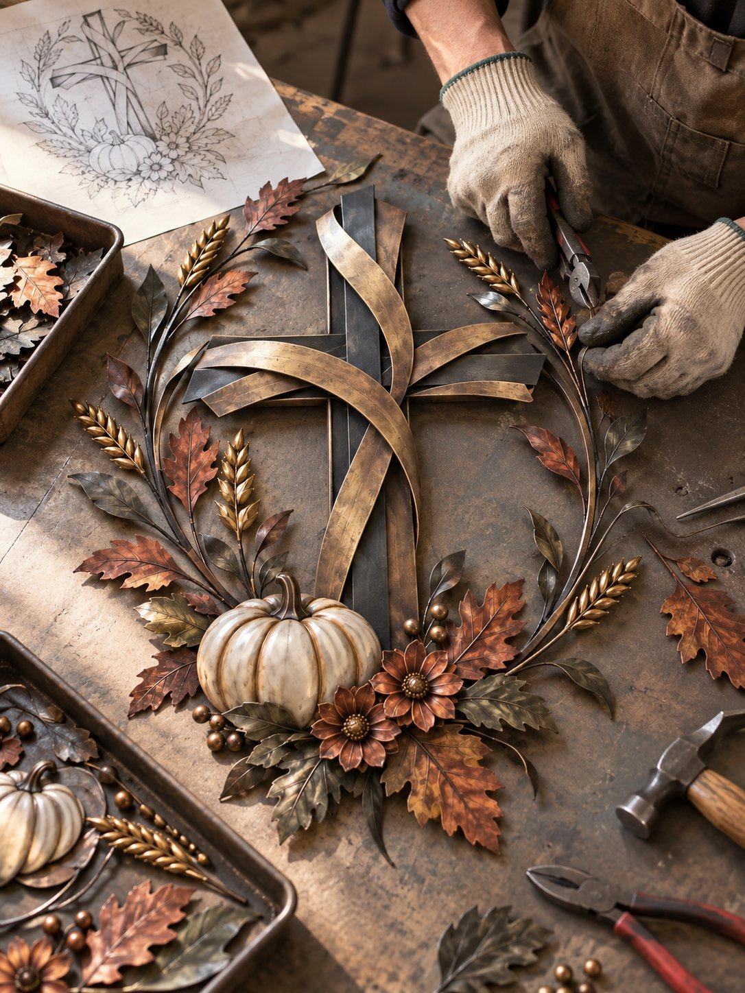 ✝️🍂 Autumn Cross & Pumpkin Harvest Metal Wall Decor