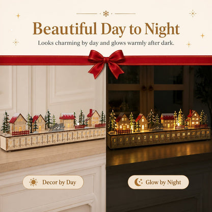 🎄 Wooden Village Advent Calendar with LED Lights — 100% Natural Polished Wood 🏠(32.68 × 7.09 × 3.54 in)