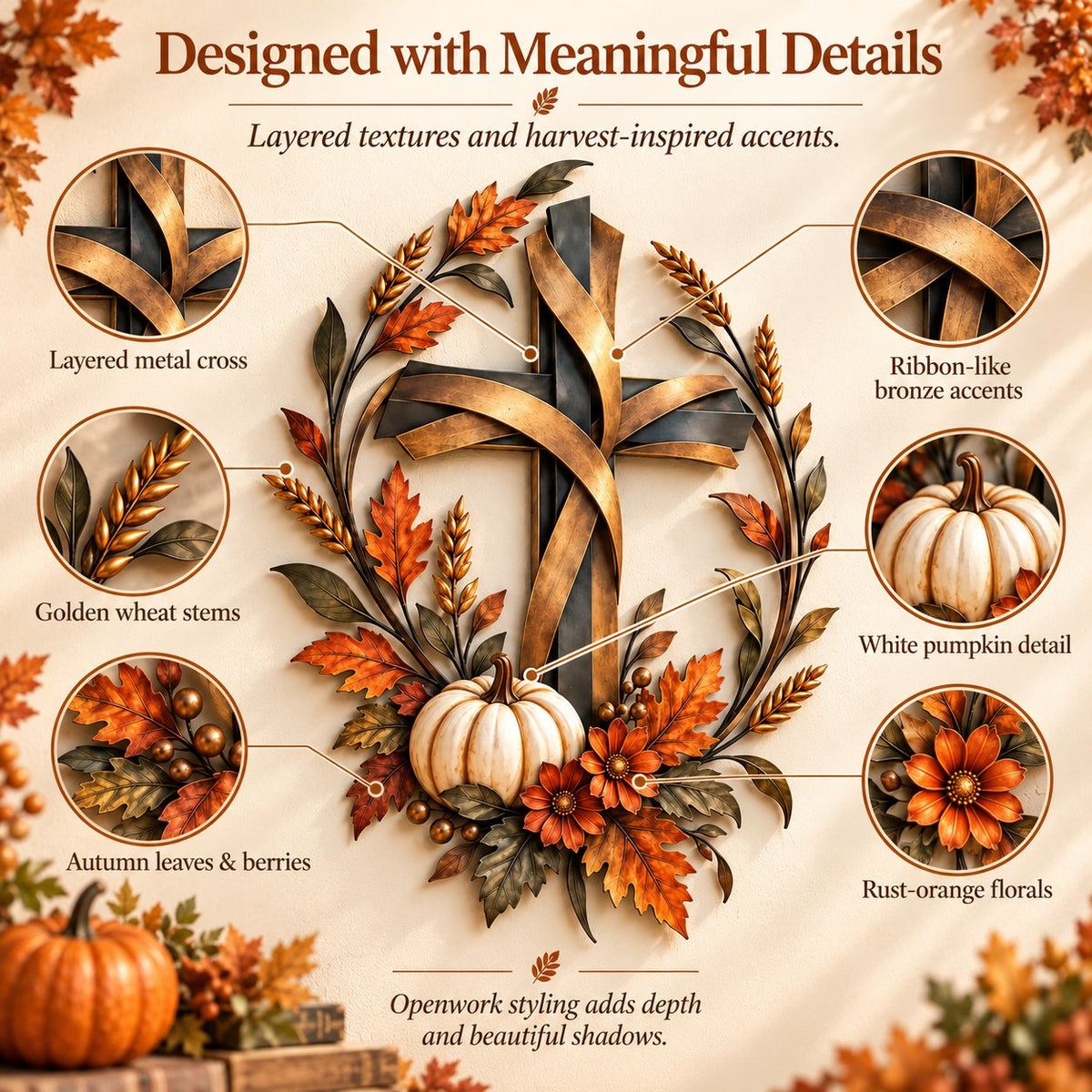 ✝️🍂 Autumn Cross & Pumpkin Harvest Metal Wall Decor