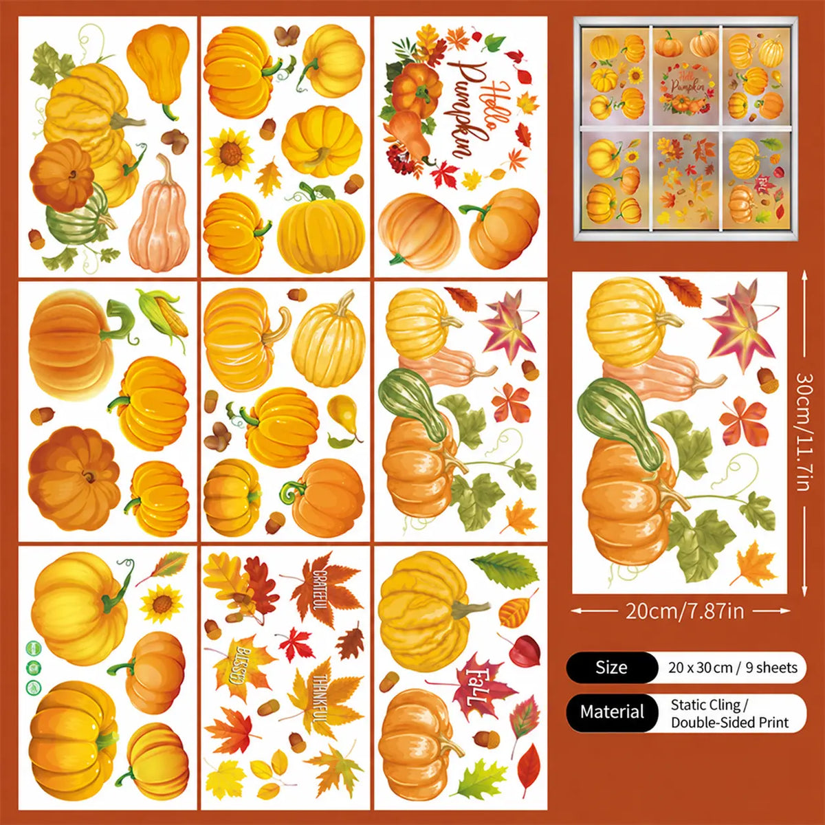 Fall Thanksgiving Window Clings, Reusable Static Glass Decals
