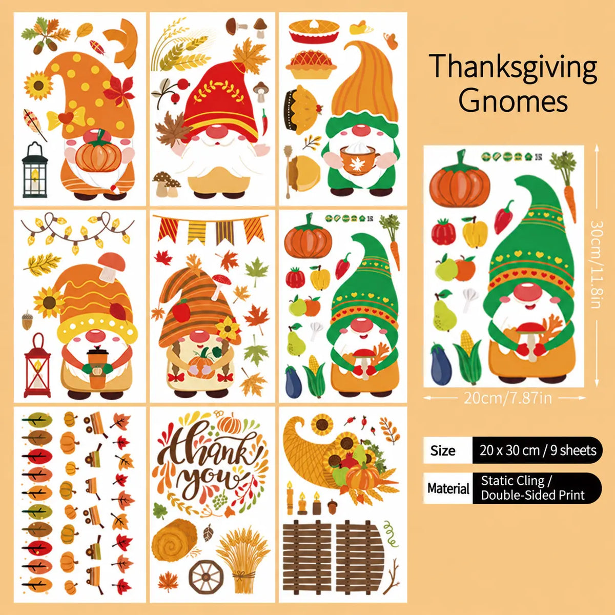Fall Thanksgiving Window Clings, Reusable Static Glass Decals