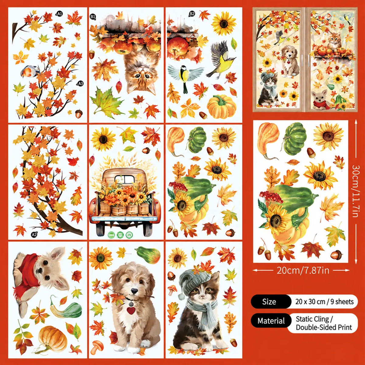 Fall Thanksgiving Window Clings, Reusable Static Glass Decals