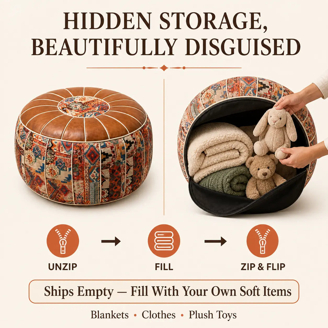 Bohemian Storage Ottoman Pouf with Hidden Compartment
