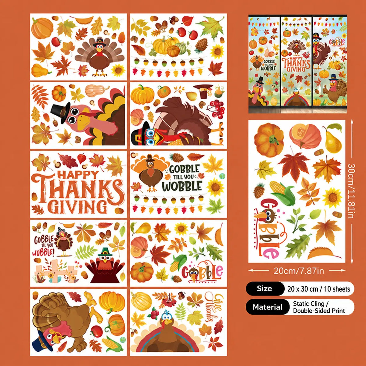 Fall Thanksgiving Window Clings, Reusable Static Glass Decals