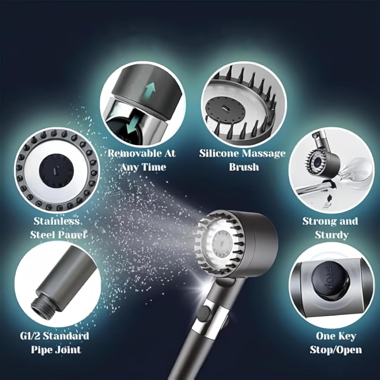 High-pressure massage shower head - Handheld shower with 3 spray types and filters