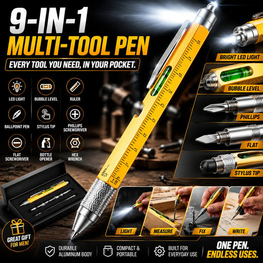 🖊️ 9-in-1 Multi-Tool Pen – LED Light, Screwdriver, Ruler & Stylus | Pocket EDC Gadget for Everyday Fixes