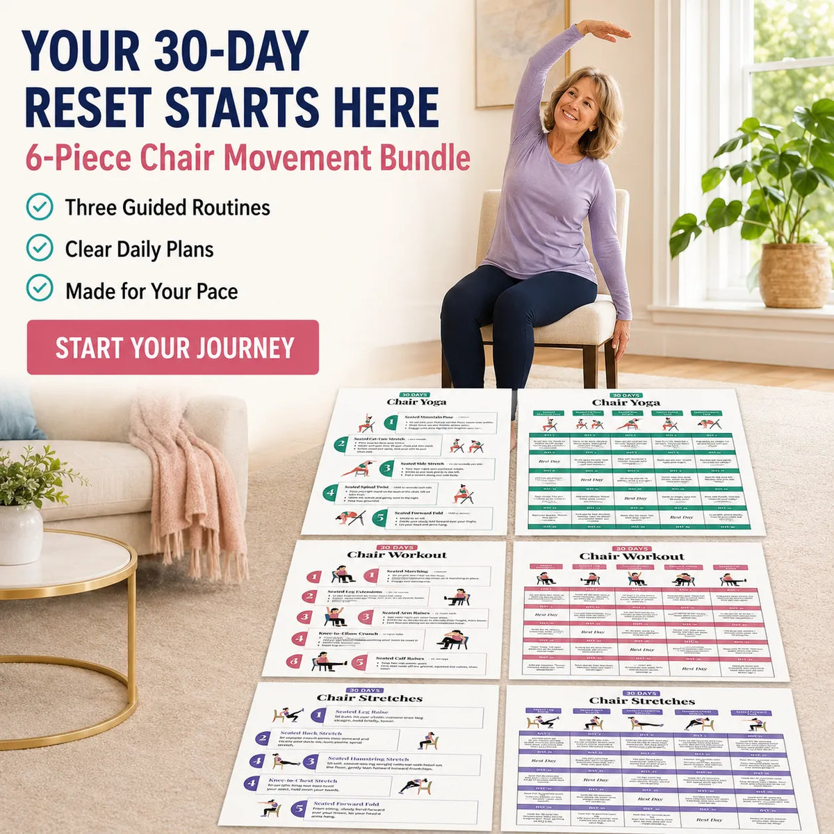 Seated Back Stretch Chart Set，Six-Sheet Set(10 x 8 inches)