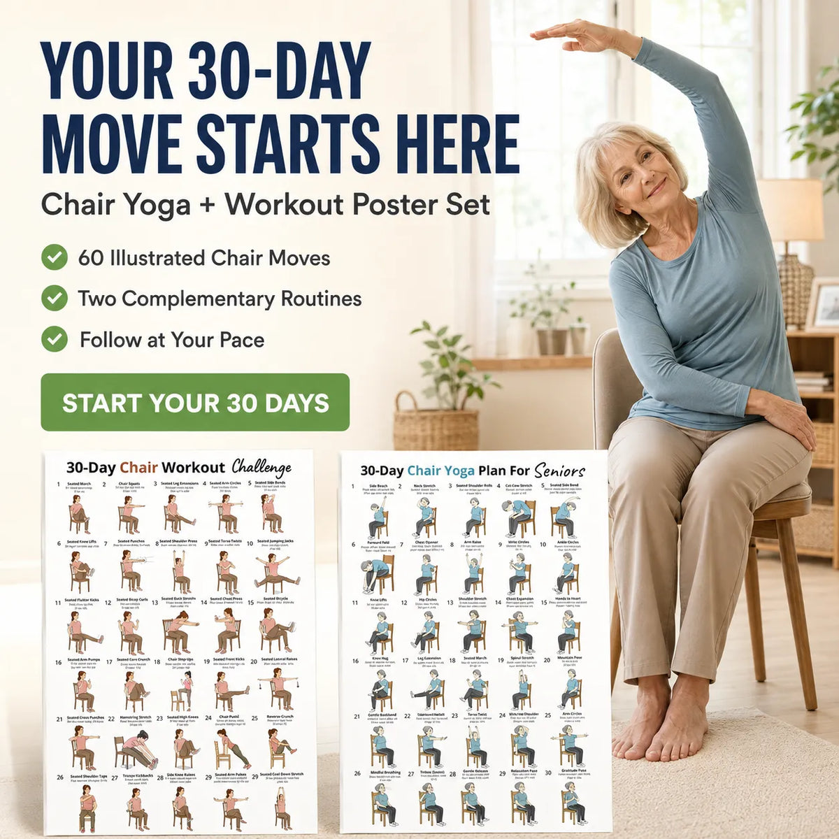 30-Day Chair Exercise Yoga Poster,Two-Sheet Set(11.69× 8.27 inches)