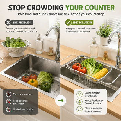 Stainless Steel Over-the-Sink Expandable Strainer Basket with Chopstick Holder